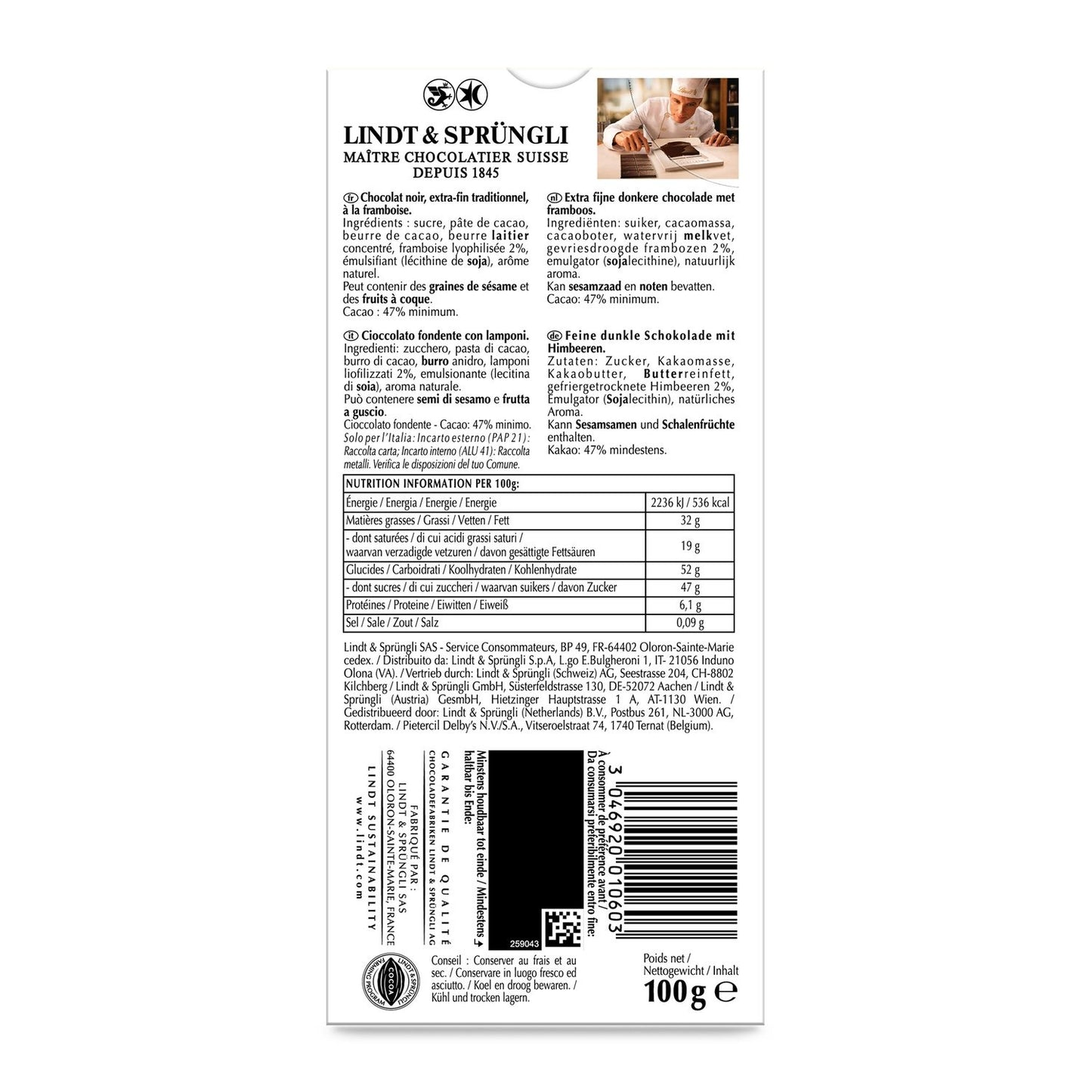 LINDT Excellence Raspberry Dark Chocolate Bar