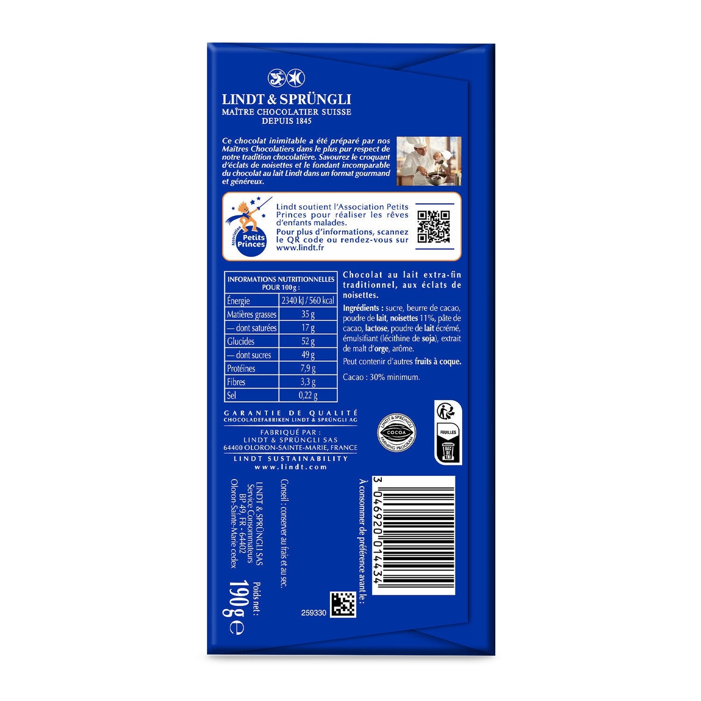 LINDT Hazelnut Milk Chocolate Bar by Maitre Chocolatier
