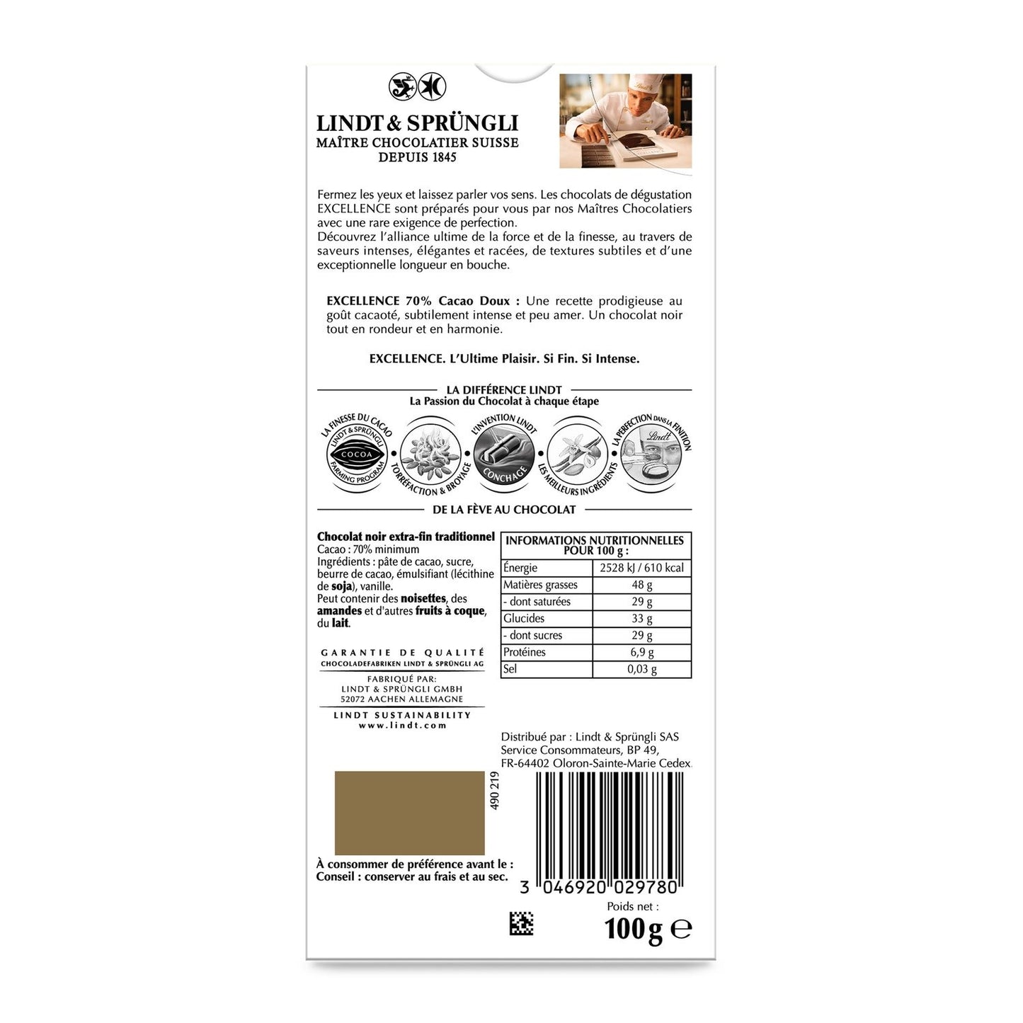 LINDT Excellence 70% Dark Chocolate Bar