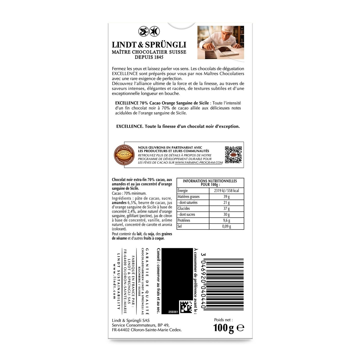LINDT Excellence 70% Blood Orange Dark Chocolate Bar