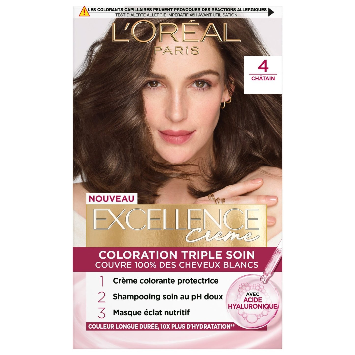 Coloration 4 Châtain Triple Soin Couvre 100% Cheveux Blancs Excellence Crème L'OREAL PARIS la boîte
