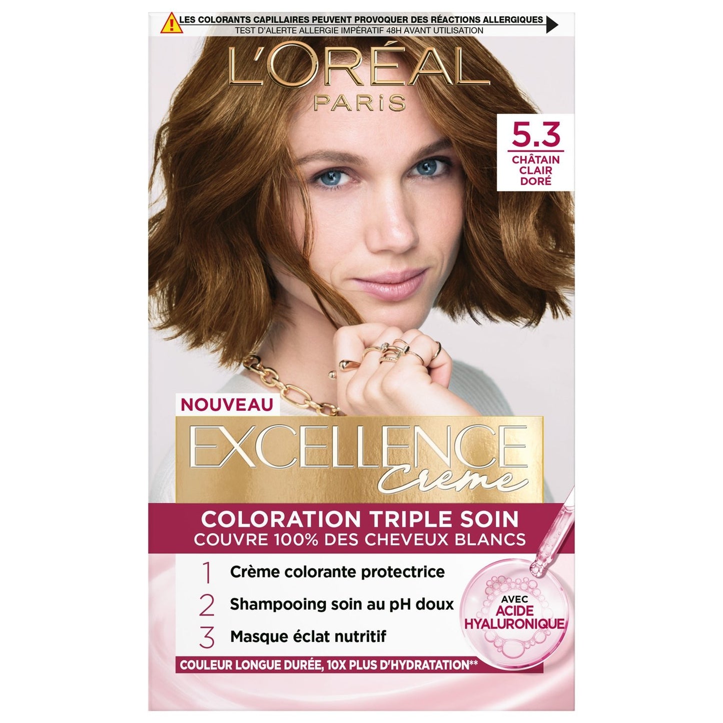 Coloration 5. 3 Châtain Clair Doré Enrichie en Acide Hyaluronique Hydratation Longue Durée Excellence Crème L'OREAL PARIS la boîte