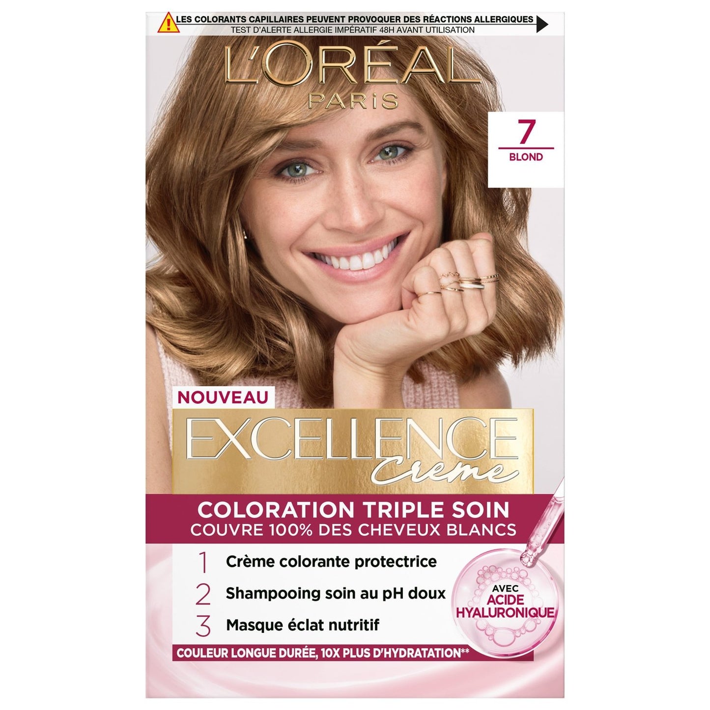 Coloration 7 Blond Enrichie en Acide Hyaluronique Couvre 100% Cheveux Blancs Excellence Crème L'OREAL PARIS la boîte