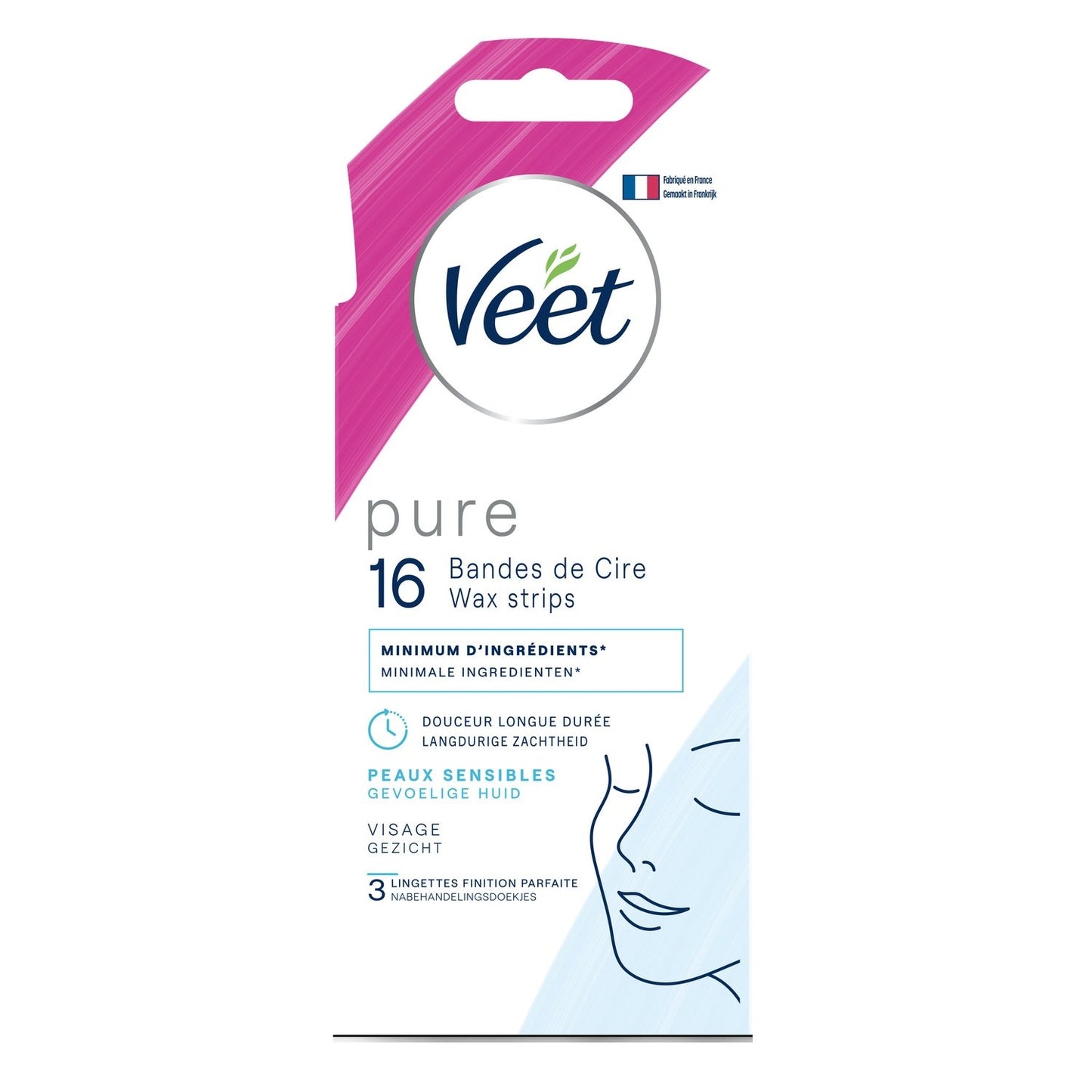 Bandes de Cire Froide Visage Peau Sensible Easy Grip Huile d'Amande VEET la boite de 16 bandes de cires