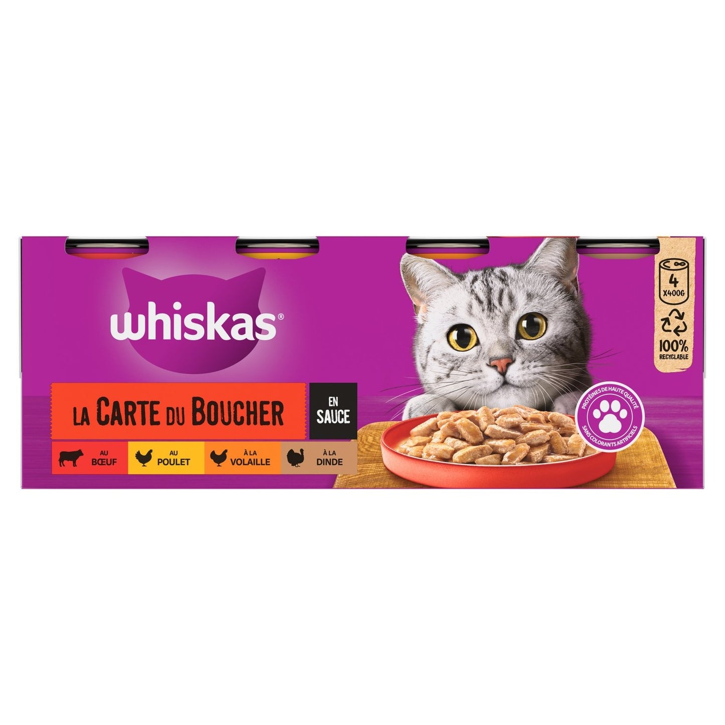 Pâtée pour Chat Adulte en Sauce Boeuf Agneau Veau Dinde Canard Poulet Gibier Volaille la Carte du Boucher WHISKAS les 4 boîtes de conserve
