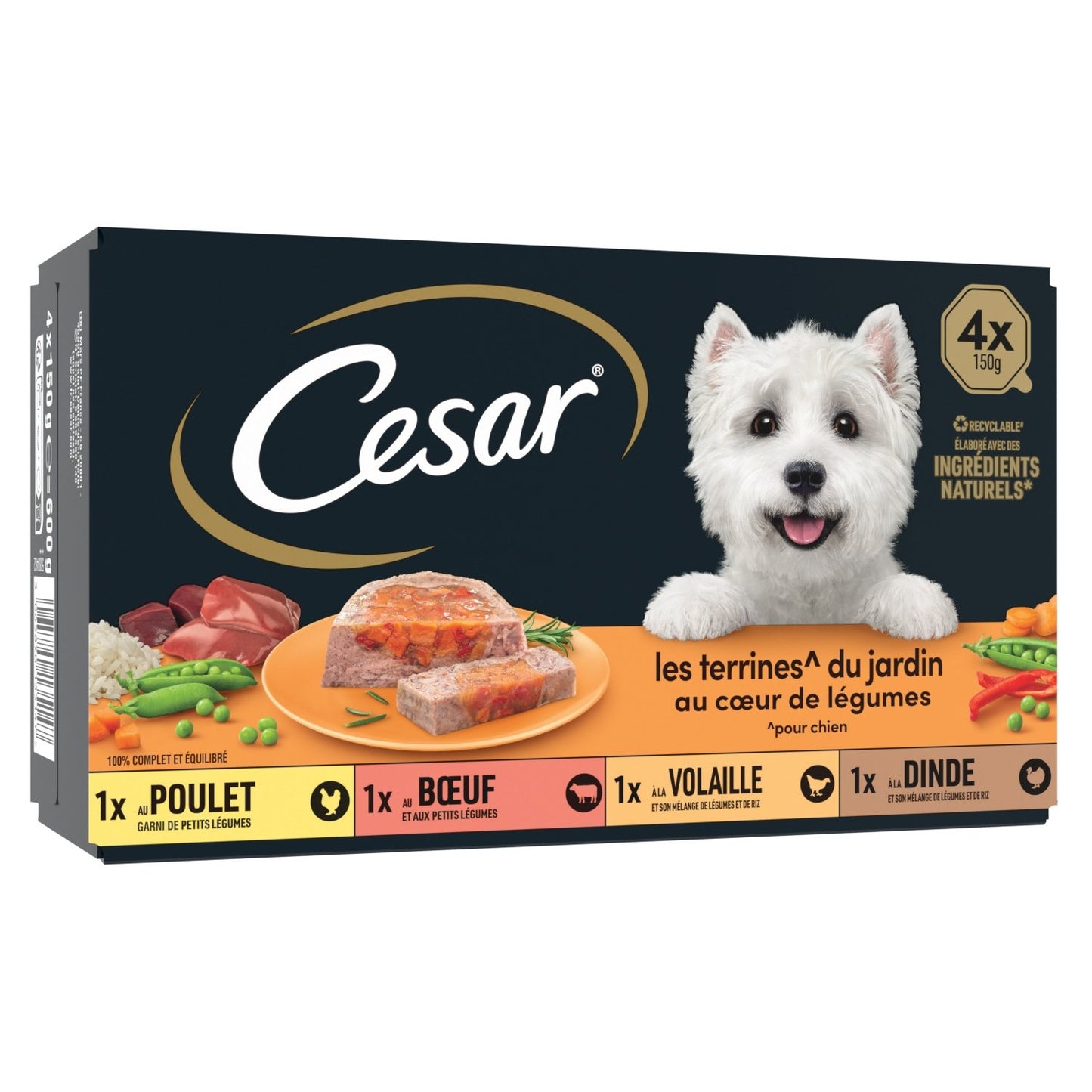 Pâtée pour Chien Adulte Terrine Poulet Boeuf Volaille Dinde Légumes les Terrines du Jardin CESAR la boîte de 4 barquettes