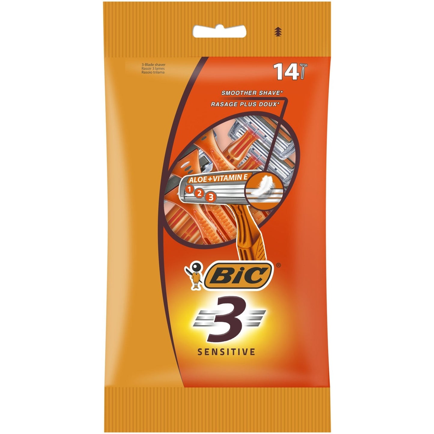 Rasoir Jetable 3 Lames Homme Peau Sensible Plus Doux Sensitive BIC le sachet de 14 rasoirs jetables