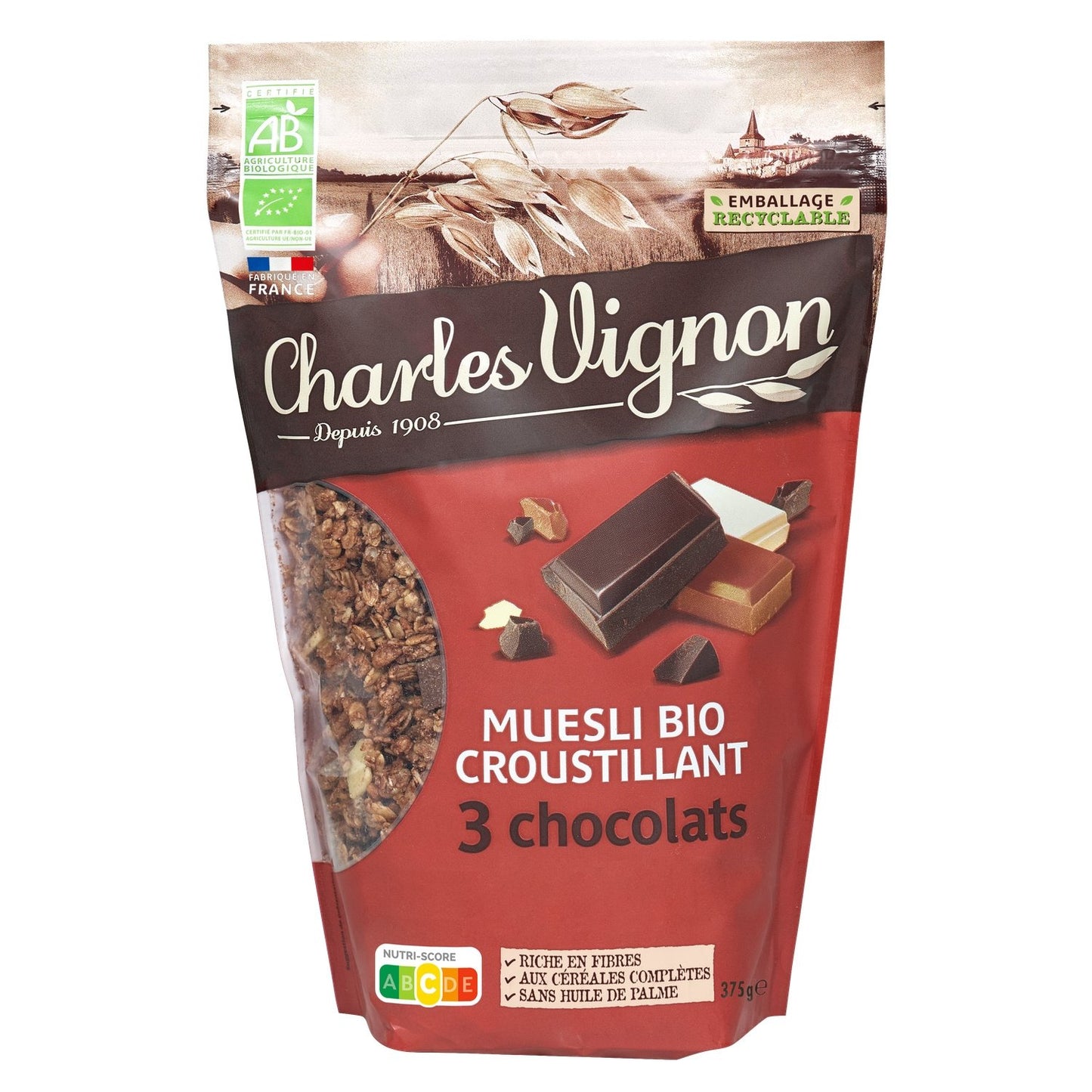 Céréales Muesli Croustillant 3 Chocolats Bio CHARLES VIGNON Le sachet de 375 g