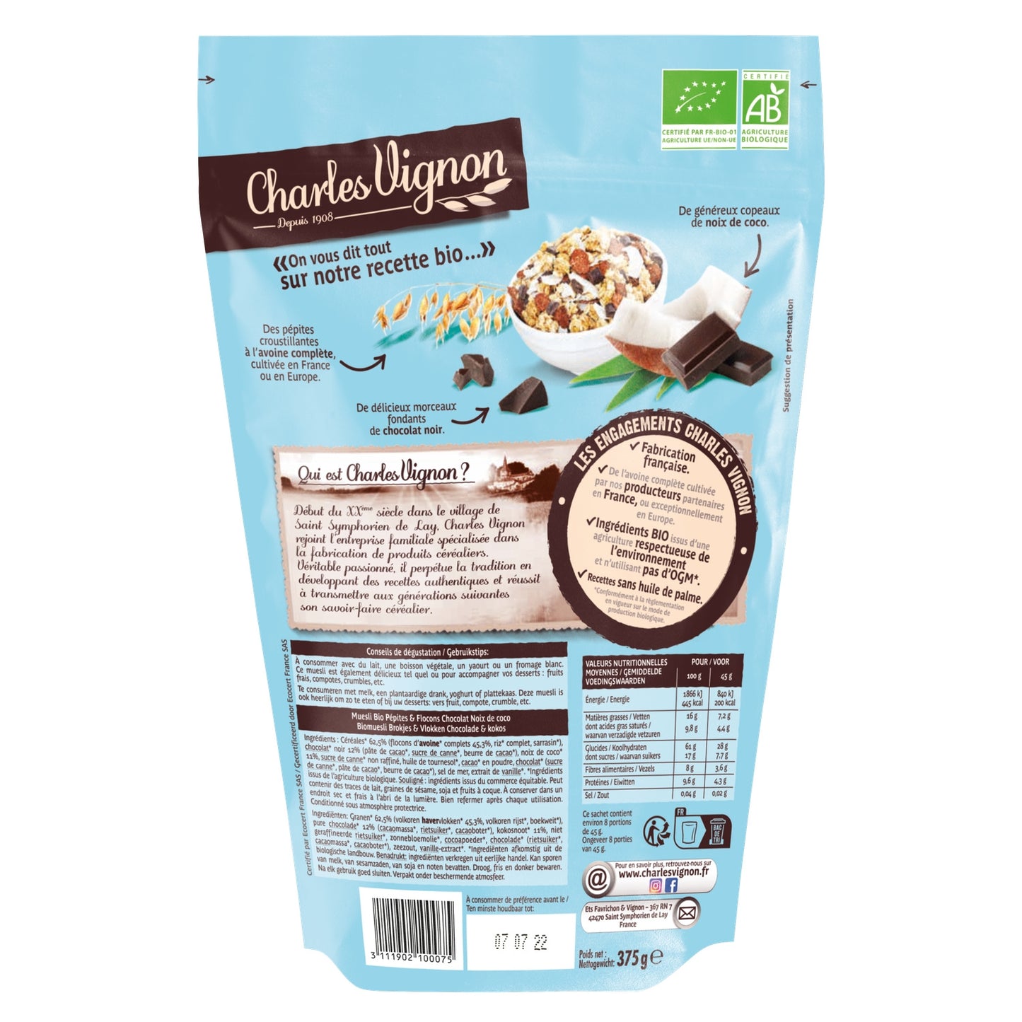 CHARLES VIGNON Organic Coconut Chocolate Chip Muesli Cereal