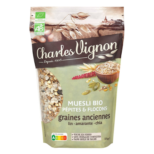 CHARLES VIGNON Organic Muesli Cereals with Nuggets and Flakes Ancient Seeds