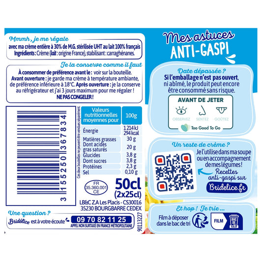 Crème UHT fluide entière 30% MG BRIDELICE