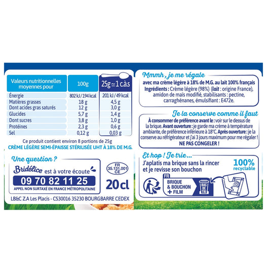 Crème UHT Semi-Epaisse Légère 18% MG BRIDELICE