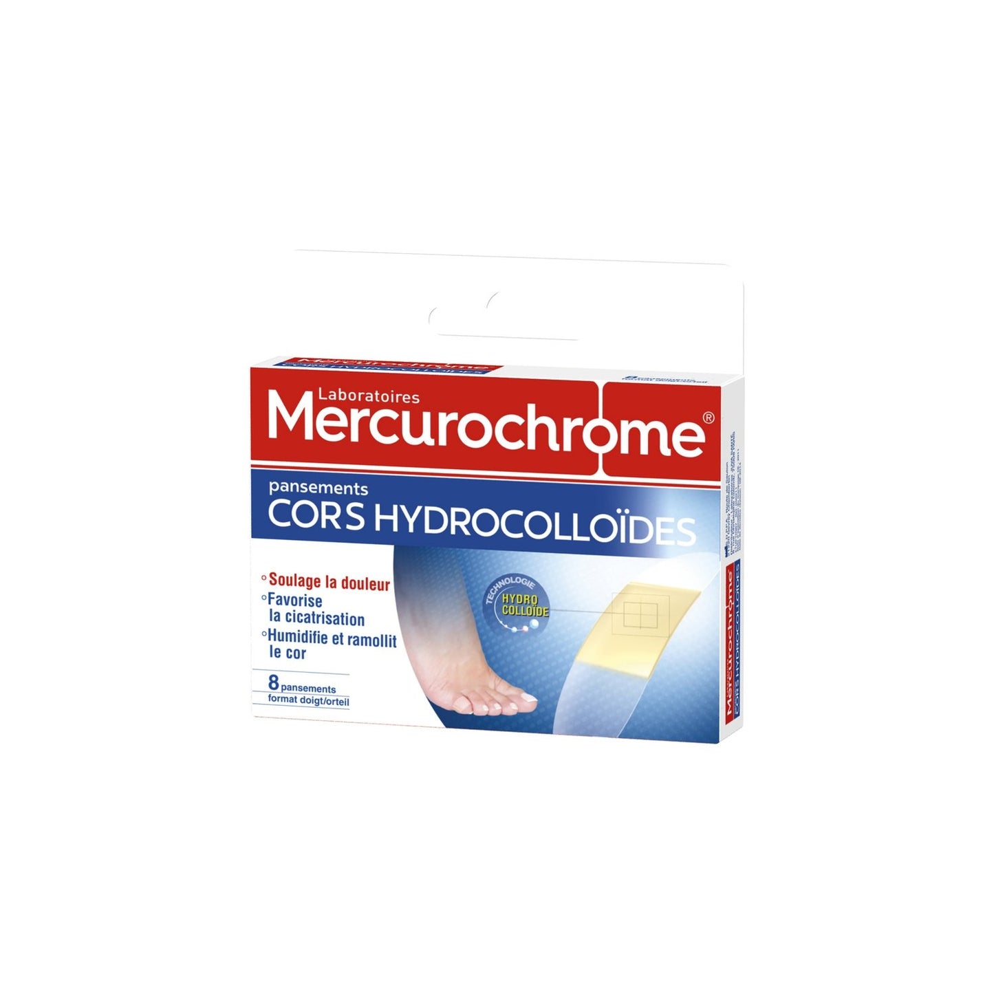 Pansements Hydrocolloïde Cors Soulage la Pression et les Frottements Seconde Peau MERCUROCHROME la boîte de 8 pansements