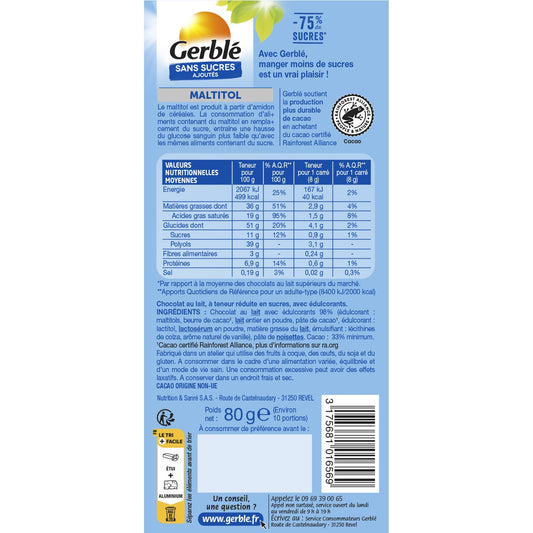 Chocolat au Lait S/sucres Ajoutés GERBLE