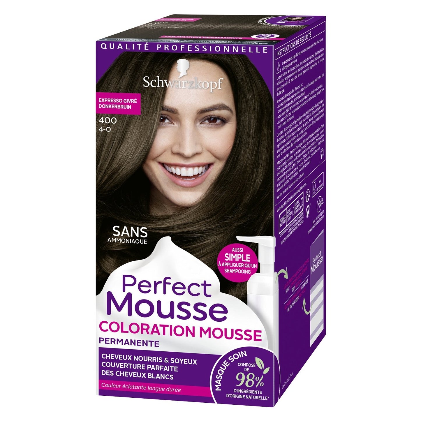 Coloration Permanente 400 Expresso Givré Sans Ammoniaque Mousse Perfect Mousse SCHWARZKOPF la boite de coloration