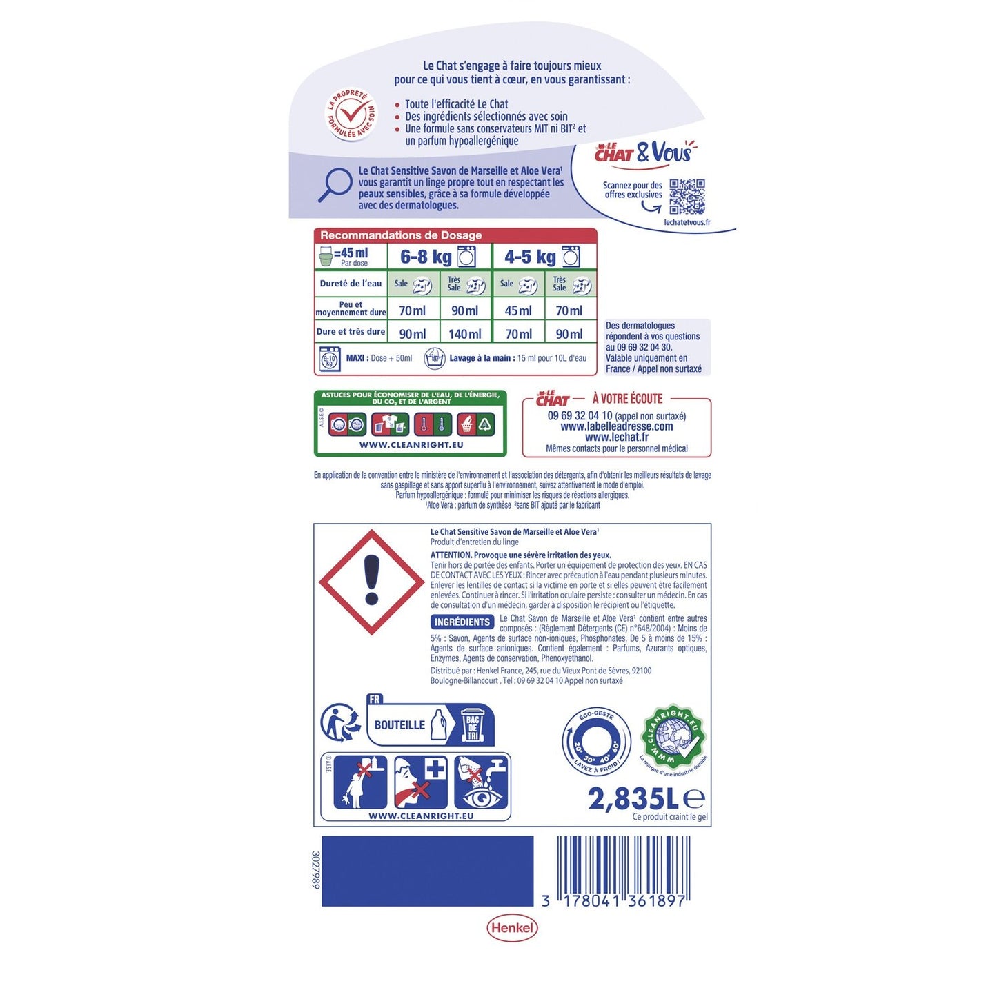 Lessive Liquide Sensitive Savon de Marseille et Aloe Vera LE CHAT