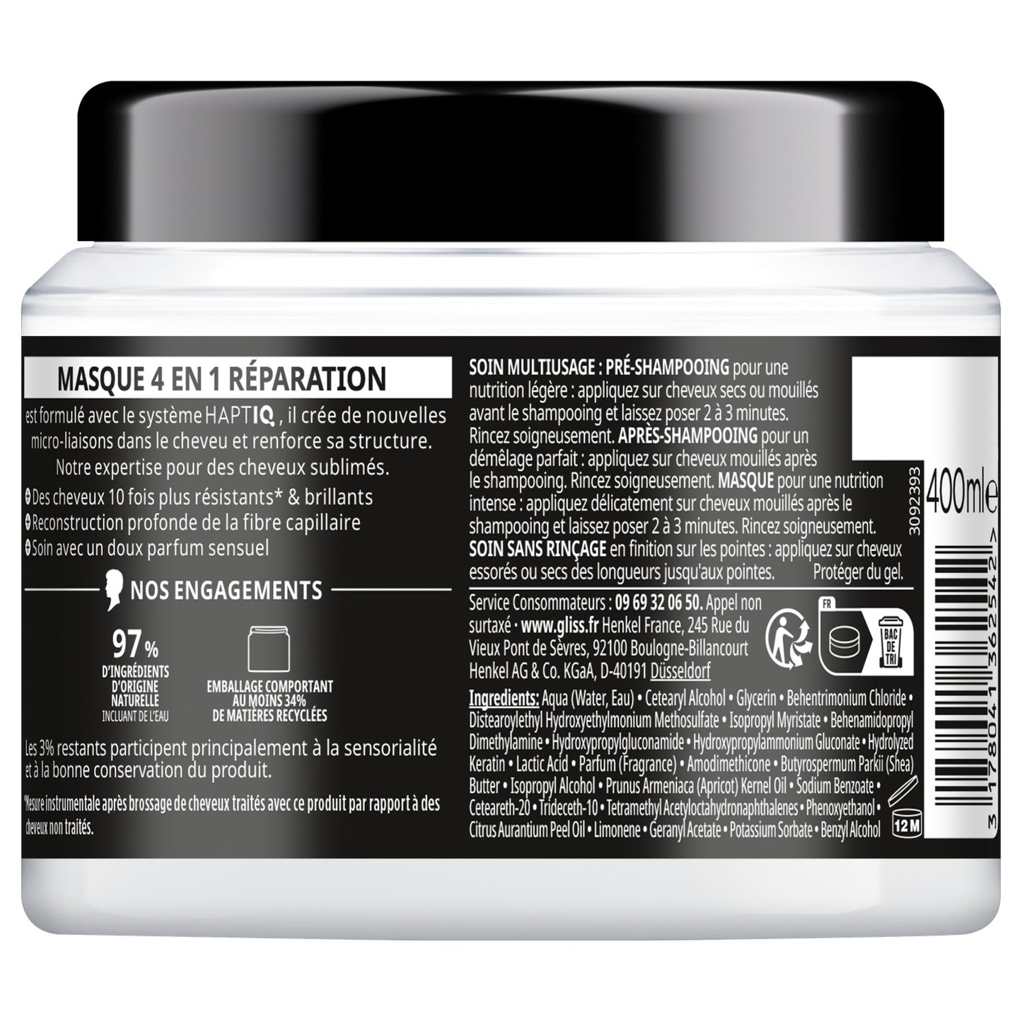 Soin cheveux Intense Masque 4en1 Réparation pour Cheveux Secs et Abîmés Gliss GLISS