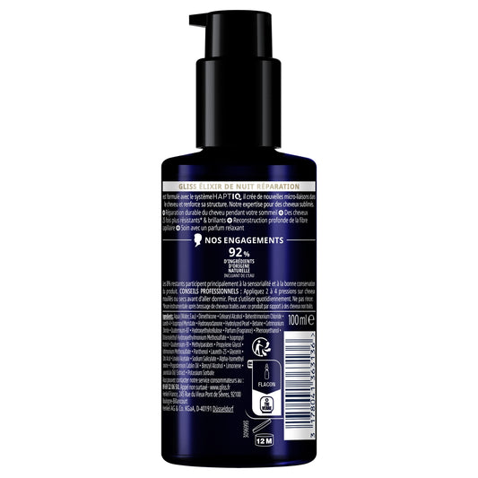 Soin cheveux Elixir de Nuit Répare Durablement Cheveux Secs Abîmés Gliss GLISS