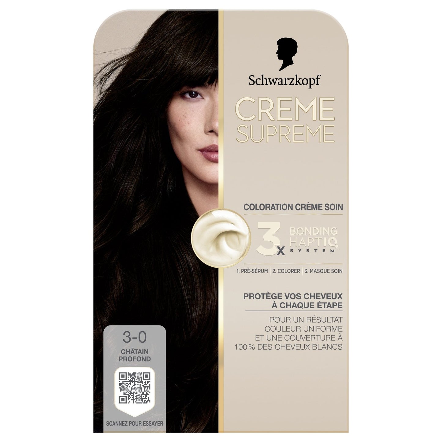 Coloration Permanente 3-0 Châtain Profond Soin Systeme Haptiq Crème Supreme SCHWARZKOPF la boite de coloration