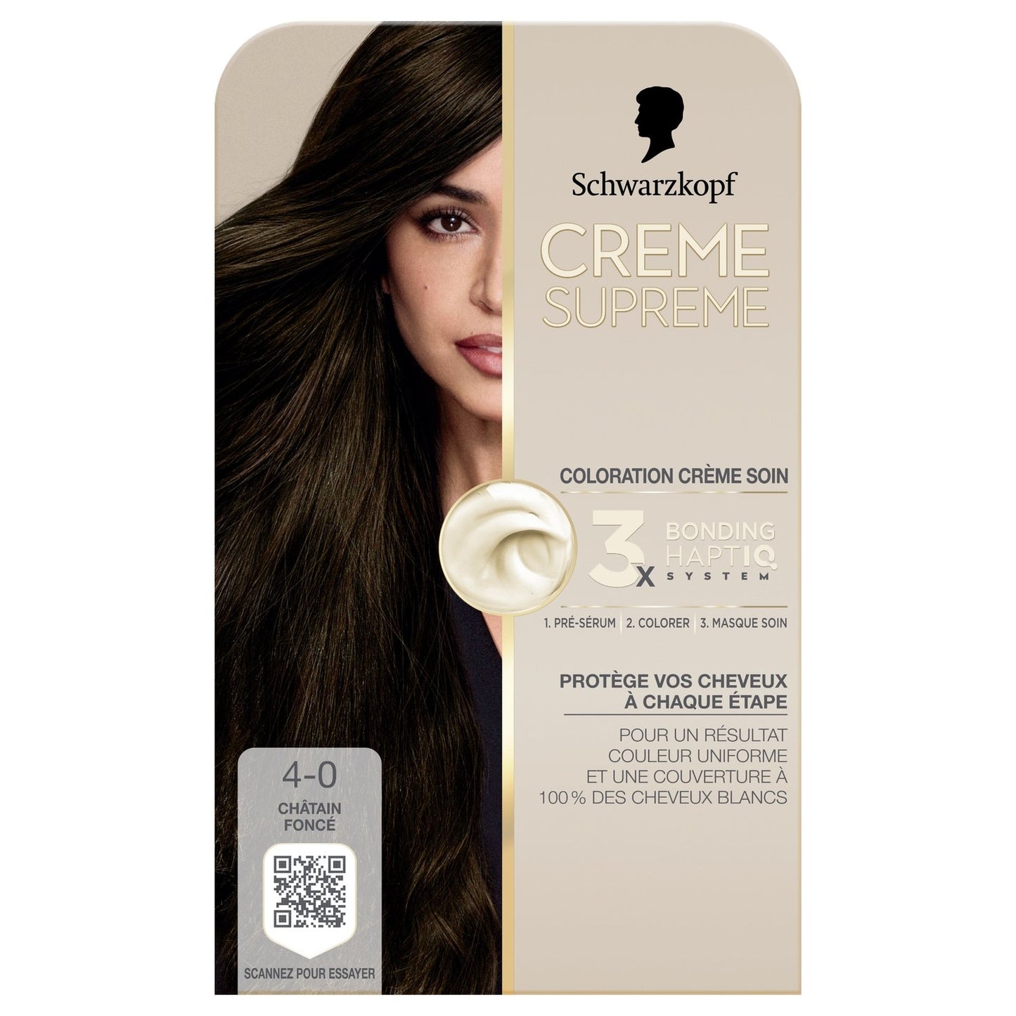 Coloration 4-0 Châtin Foncé Soin Triple Action Couvre 100% Cheveux Blancs Crème Supreme SCHWARZKOPF la boite de coloration