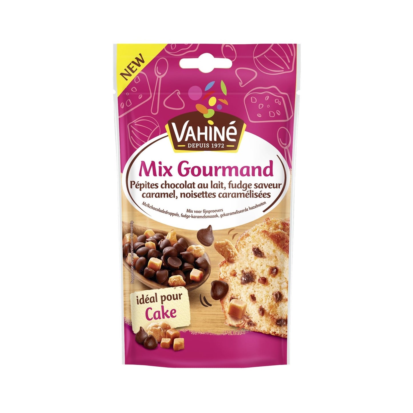 Pépites Chocolat au Lait, Fudge Saveur Caramel, Noisettes VAHINE le sachet de 100g