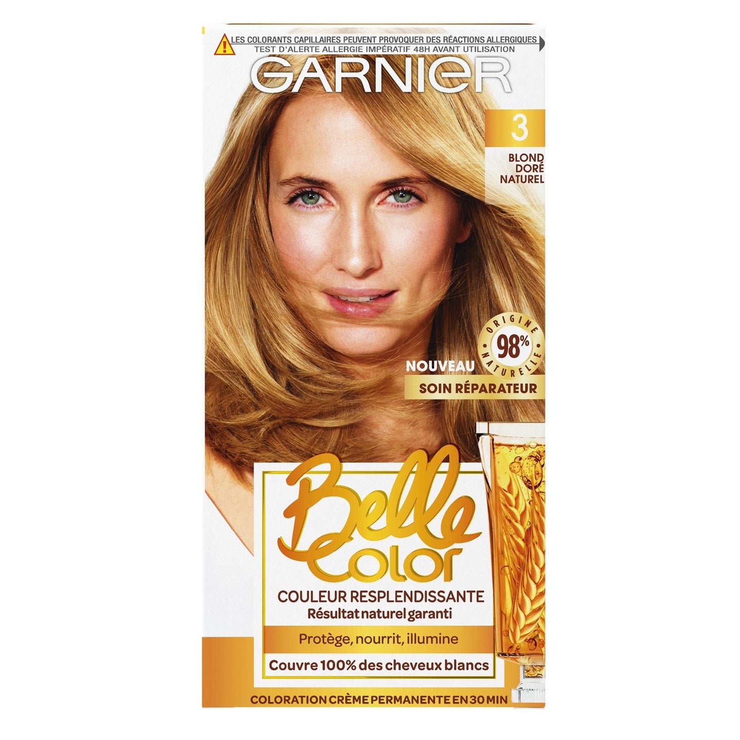 Coloration Permanente 3 Blond Doré Naturel Couvre 100% Cheveux Blancs Belle Color GARNIER la boîte