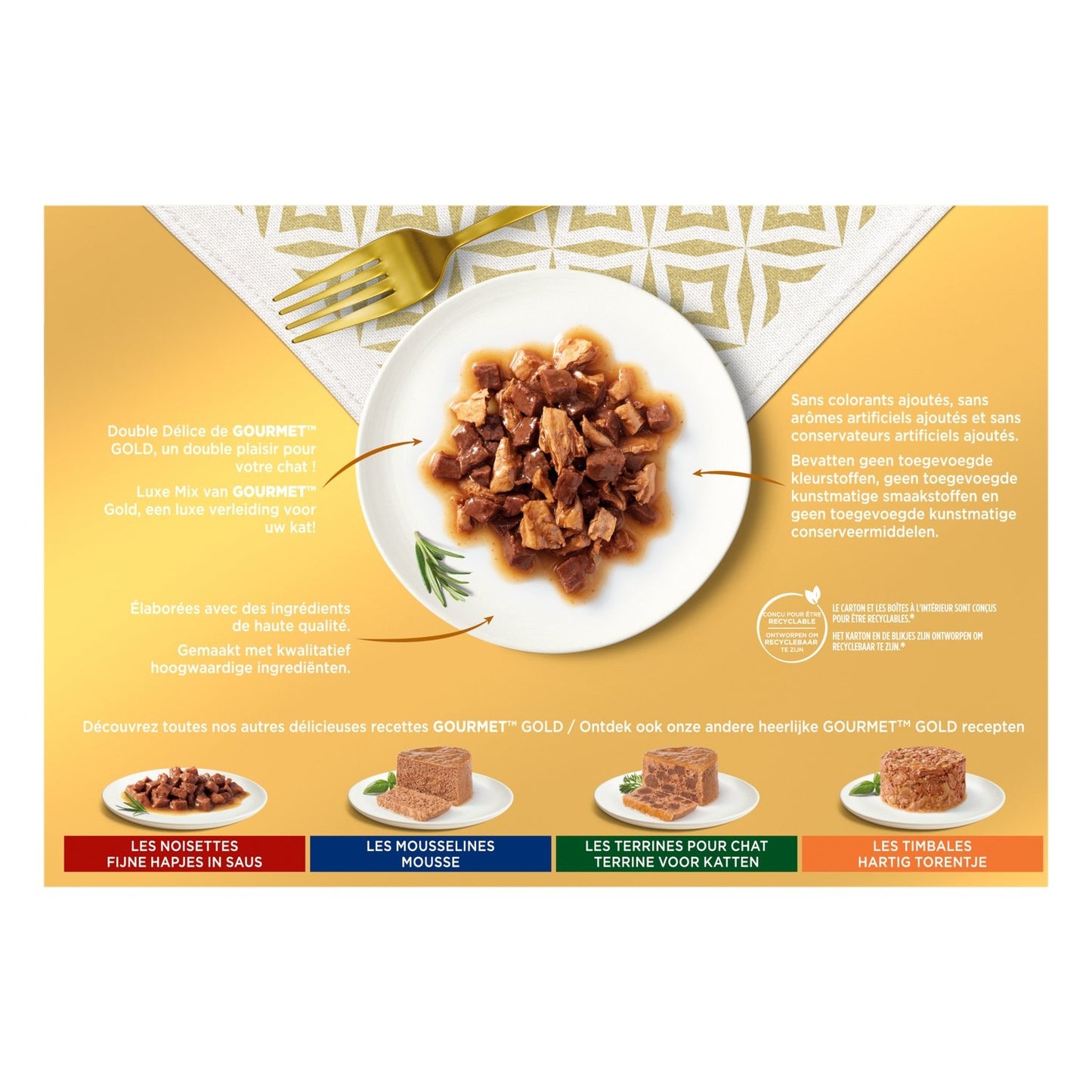 Pâtée pour Chat Adulte Double Délice Bouchée en Sauce Boeuf Poulet Canard Dinde Poisson Epinard Lapin Foie Gold GOURMET