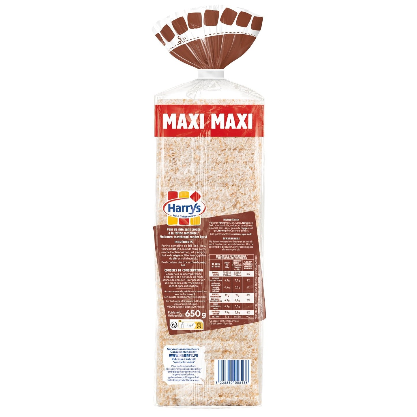 HARRYS 100% Wholemeal Sandwich Bread, Crustless, Maxi Size, No Additives