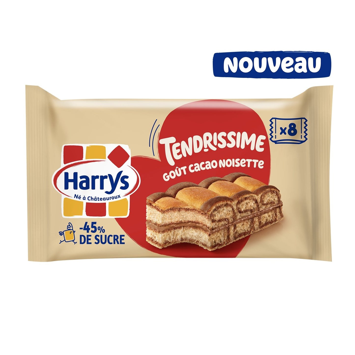Gâteaux Moelleux Noisette et Cacao Tendrissime Moins de Sucres HARRYS le paquet de 8 sachets