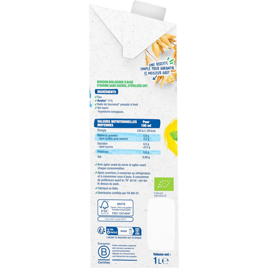 Boisson Végétale Bio Lait d'Avoine Sans Sucres BJORG