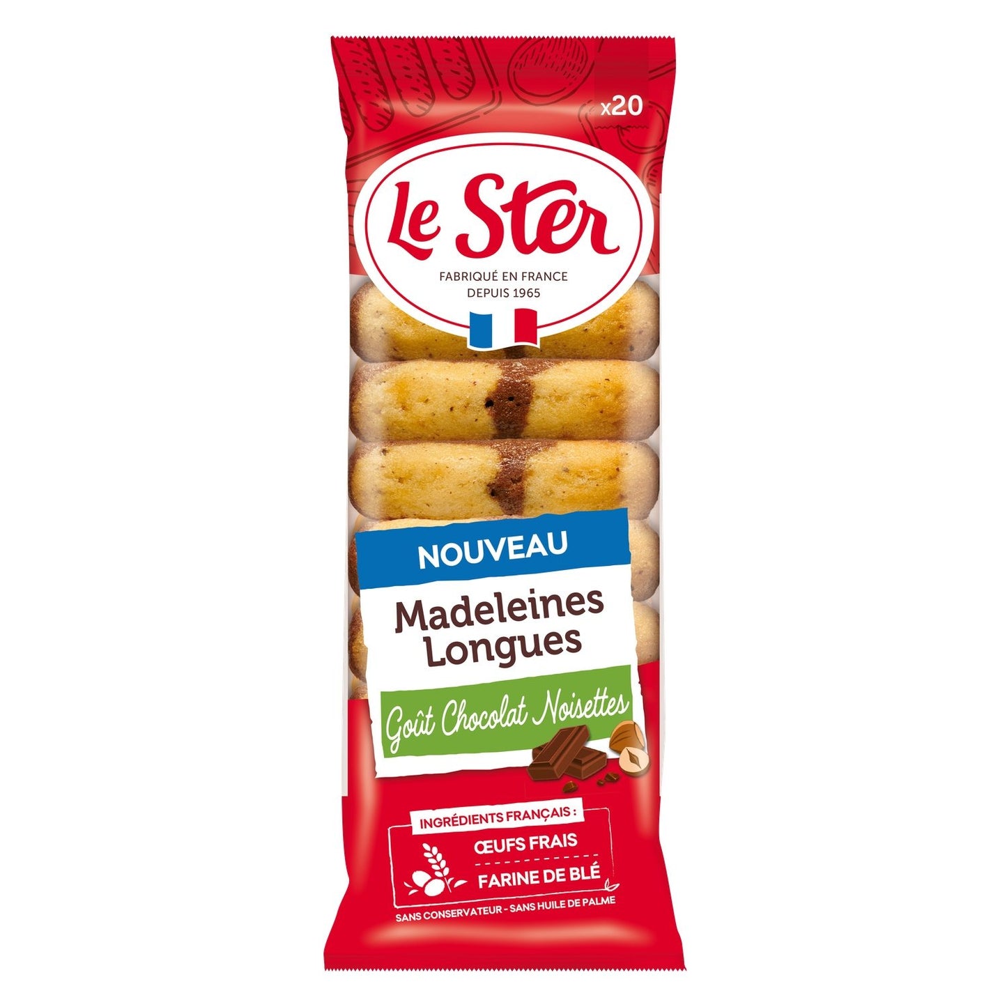 Madeleines Longues Goût Chocolat Noisettes LE STER le paquet de 20 madeleines