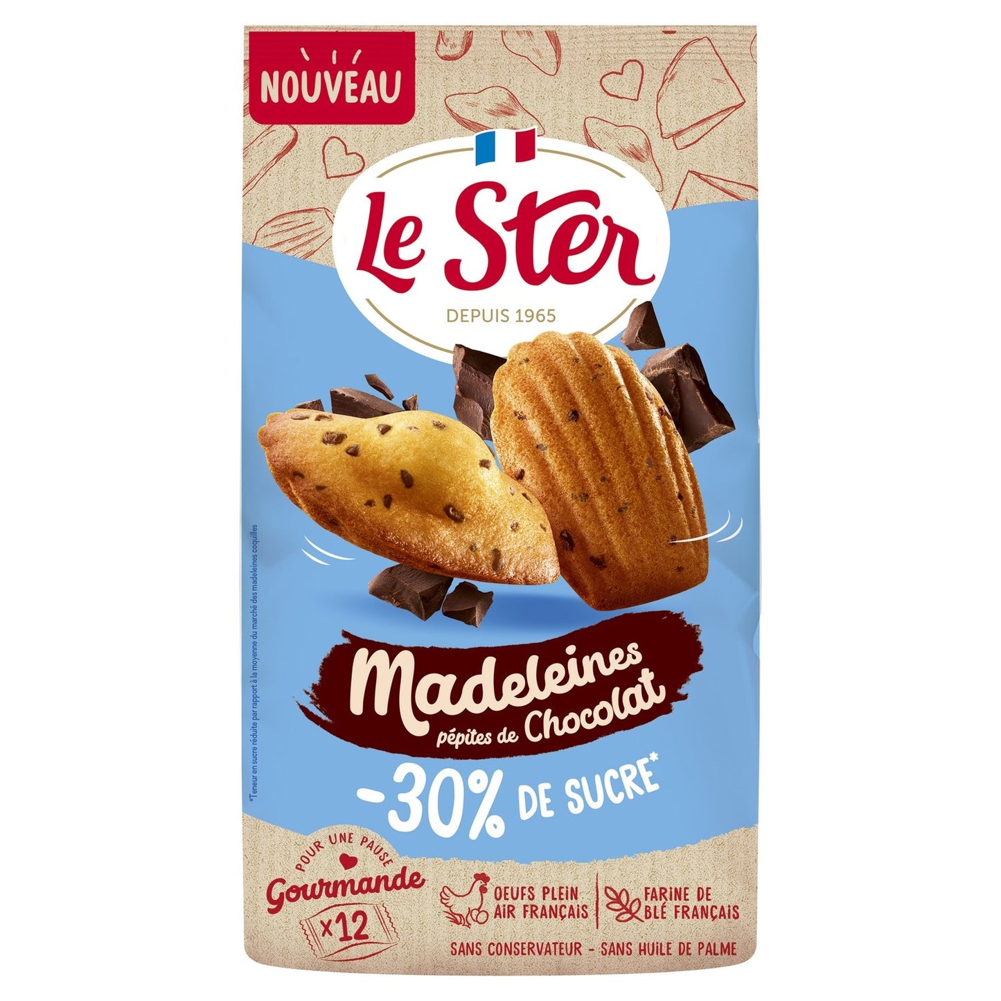 Madeleines Coquilles Pépites de Chocolat 30% de Sucre LE STER le paquet de 12 madeleines - 300g