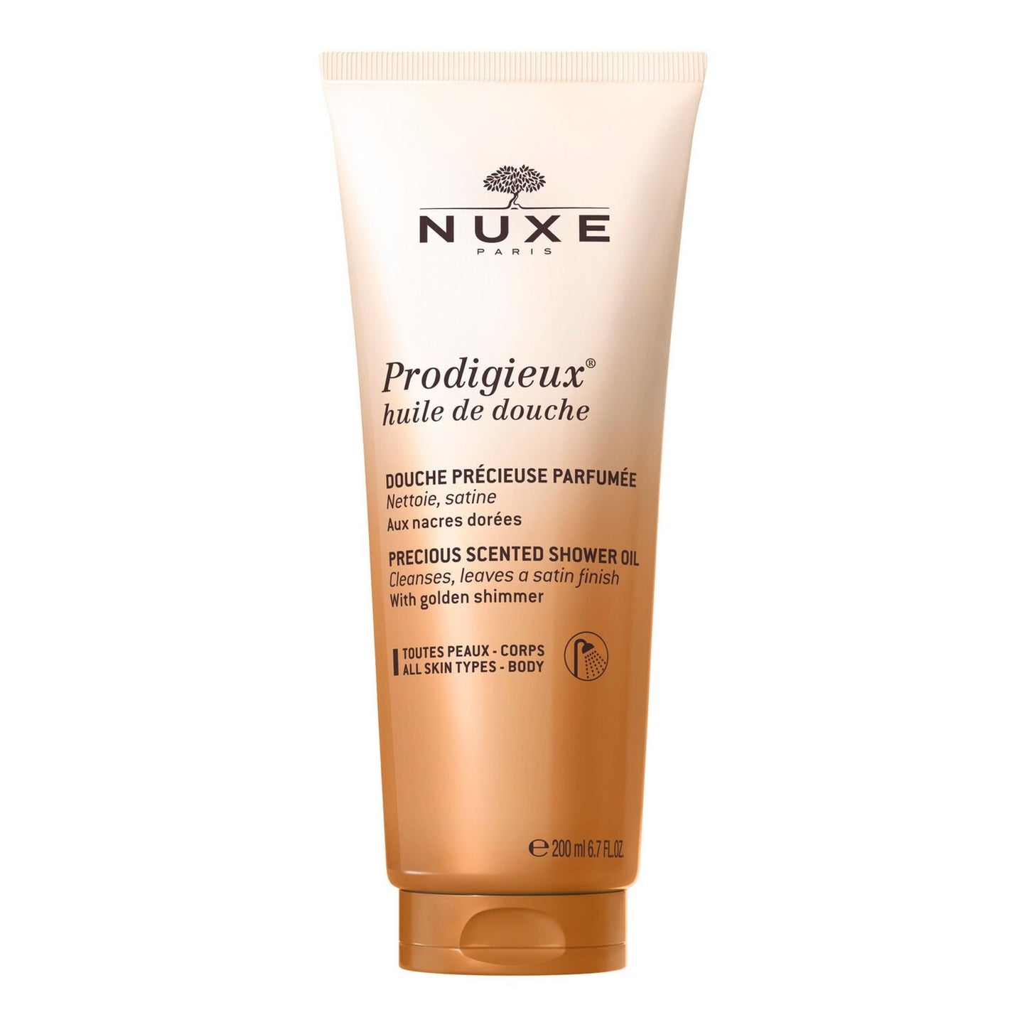 Huile de Douche Nettoie et Satine Parfumée aux Nacres Dorées Prodigieux NUXE le tube de 200mL