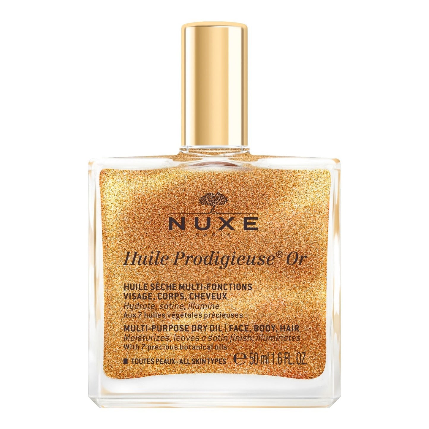 Huile Sèche Visage Corps Cheveux Pailletée Or, Nourrissante, Adoucissante et Illuminatrice NUXE le flacon de 50mL