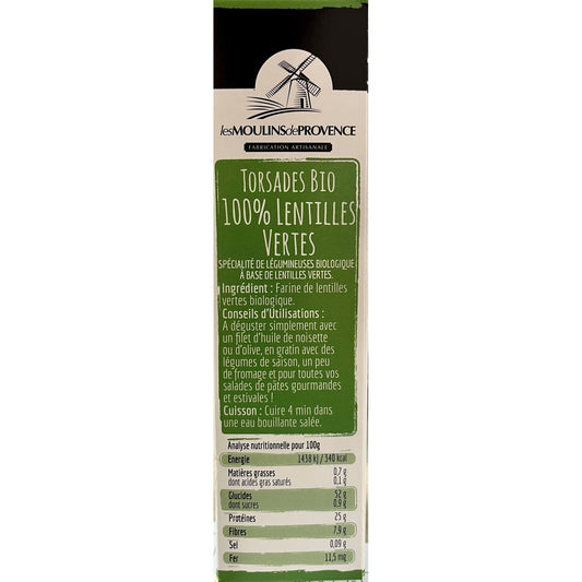 Pâtes de lentilles vertes bio torsades colorées, sans gluten LES MOULINS DE PROVENCE