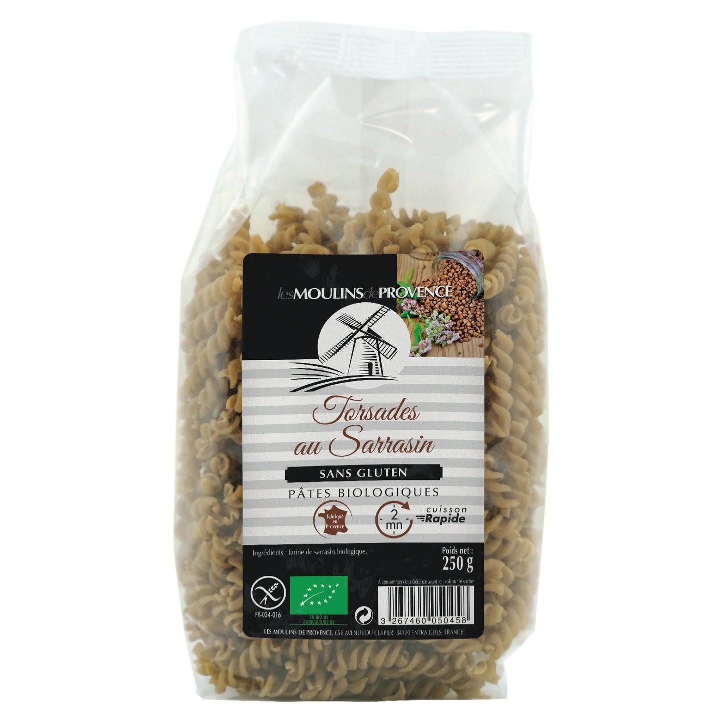 Pâtes à la Farine de Sarrasin Bio Torsades LES MOULINS DE PROVENCE le paquet de 250g