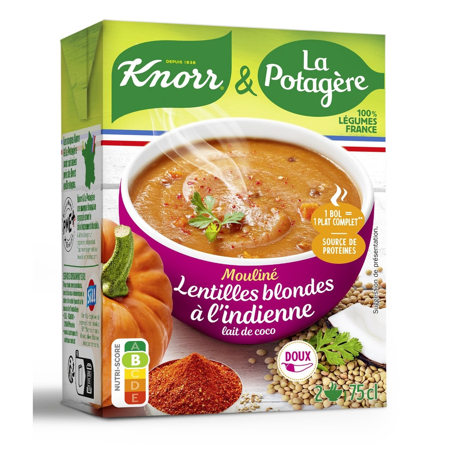 Soupe Mouliné Lentilles Blondes Potiron Lait de Coco LA POTAGERE la brique de 75cL