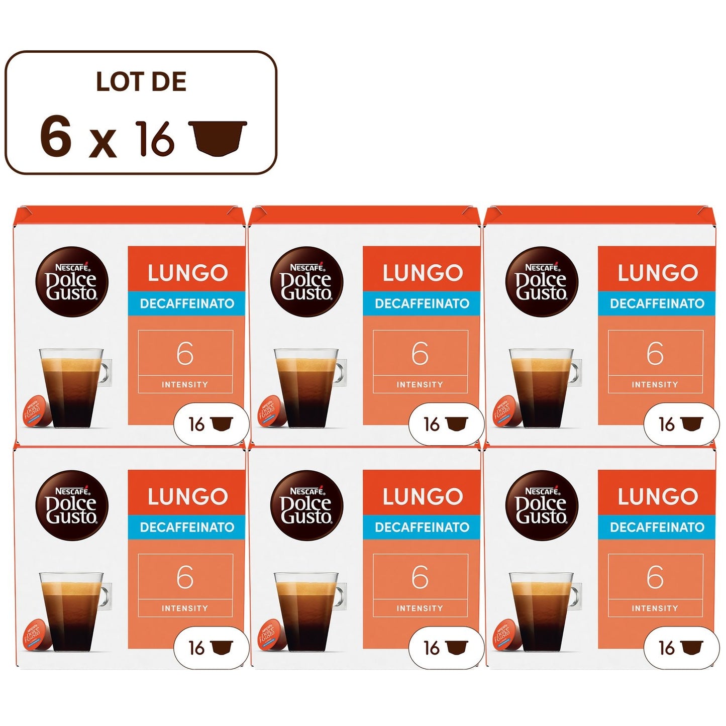 Café Capsules Décaféiné Intensité 6 Compatible Dolce Gusto NESCAFE le lot de 6 boites de 16 capsules