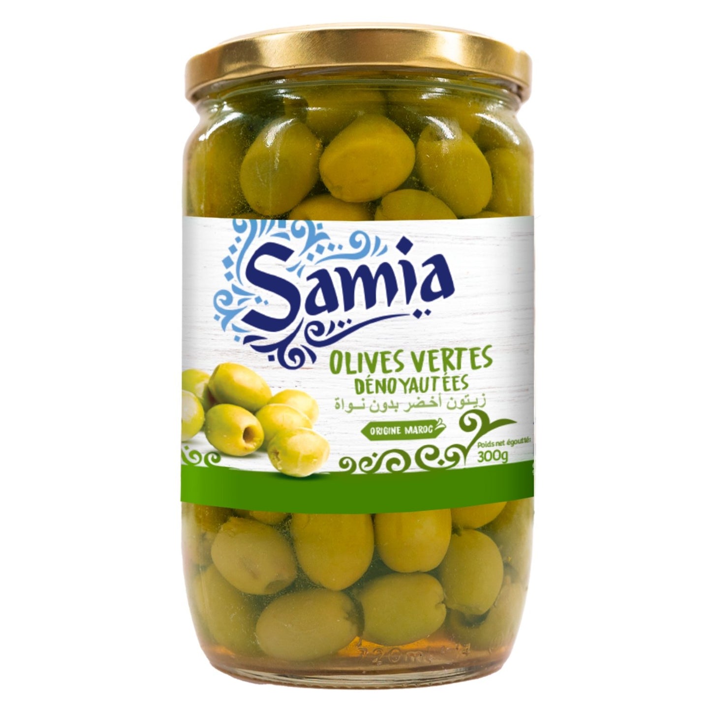 Olives Vertes Dénoyautées SAMIA le bocal de 300 g net égoutté