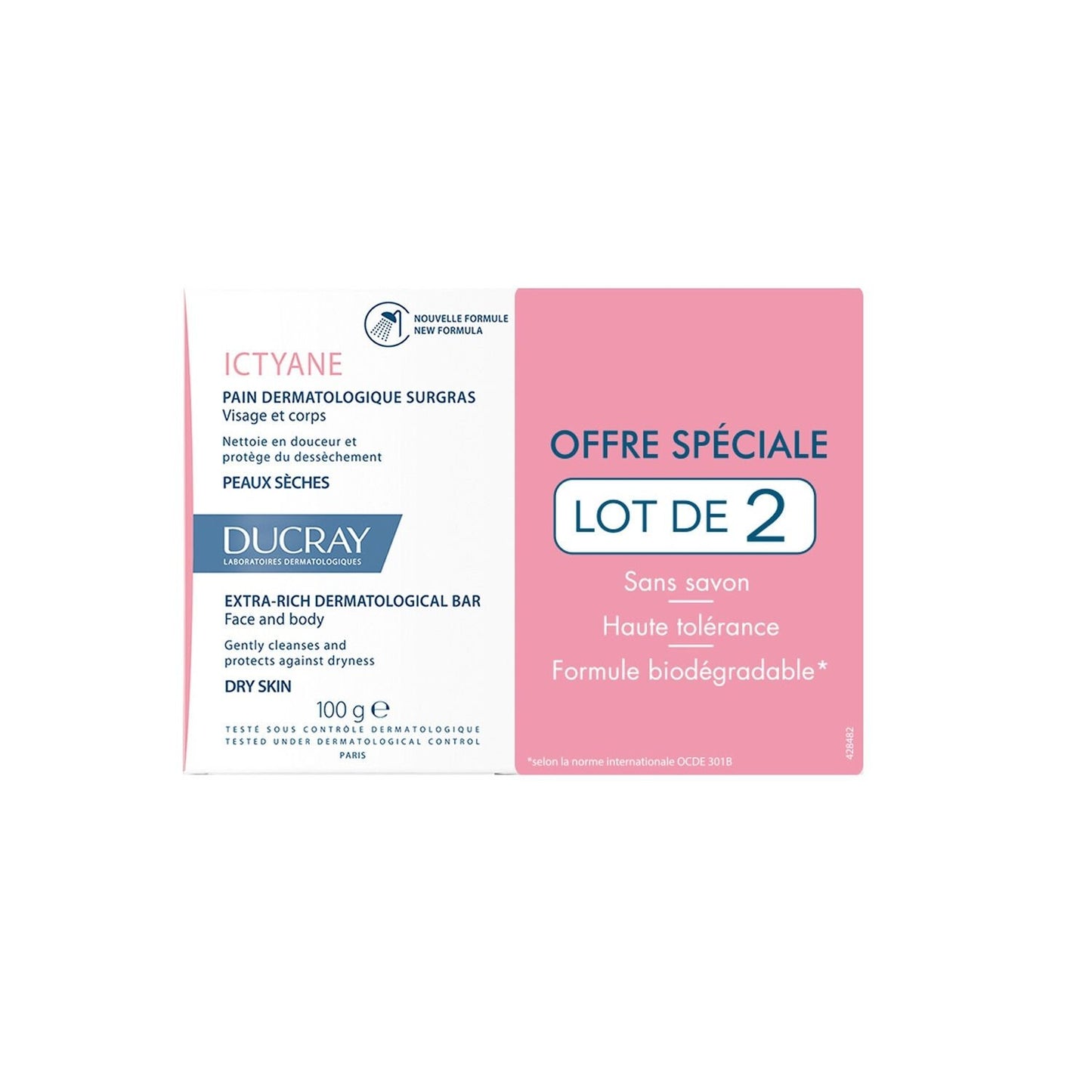 Savon Solide Surgras Dermatologique Peau Sèche Ictyane DUCRAY le lot de 2 savons de 100g
