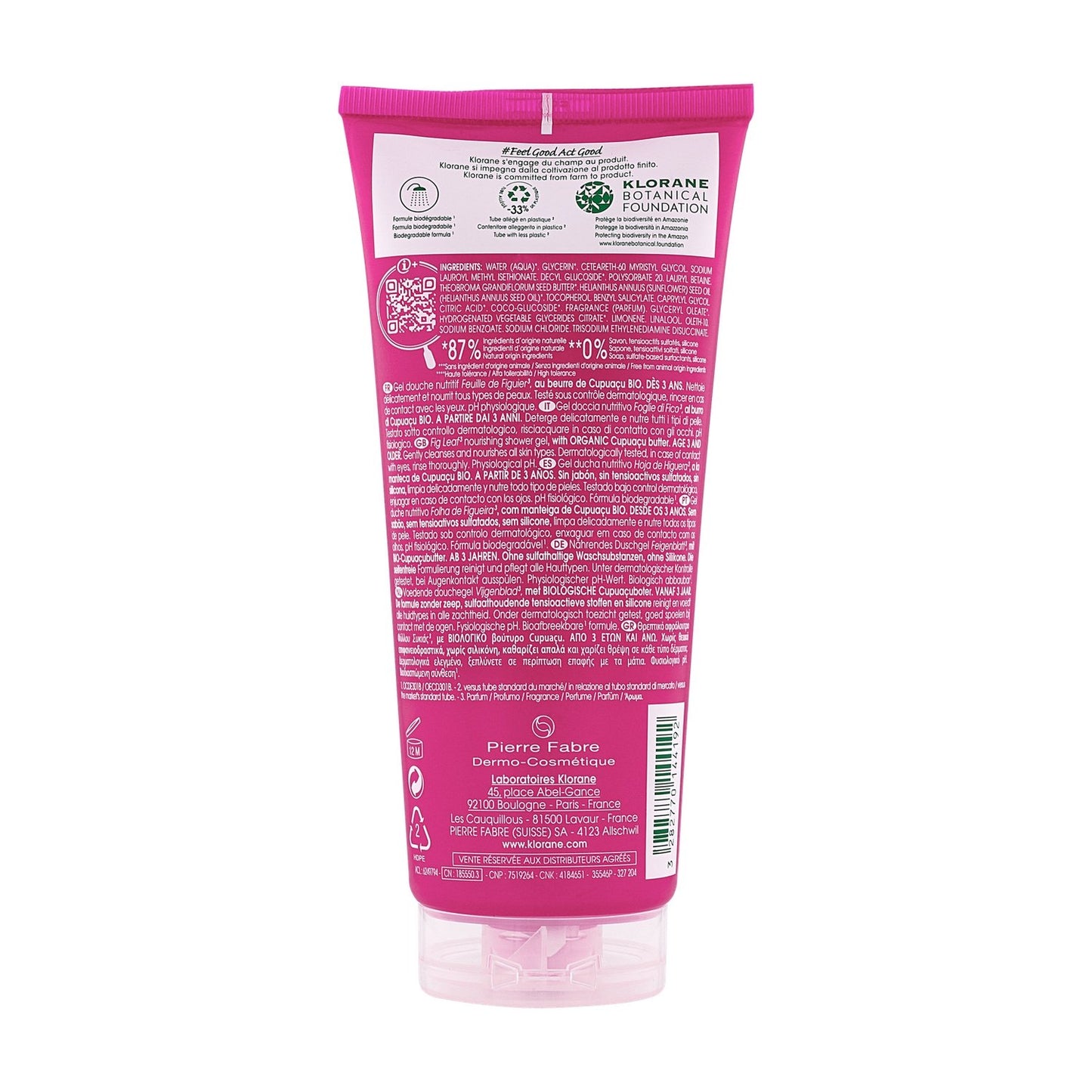 Gel Douche Nutritif au Beurre de Cupuaçu Feuille de Figuier Vegan Bio KLORANE le flacon de 200mL