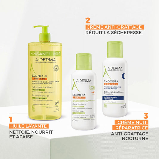 Huile de douche Visage Corps Anti-démangeaisons Peaux Fragiles Sèches à Tendance à l'Eczéma Atopique Exomega Control A-DERMA
