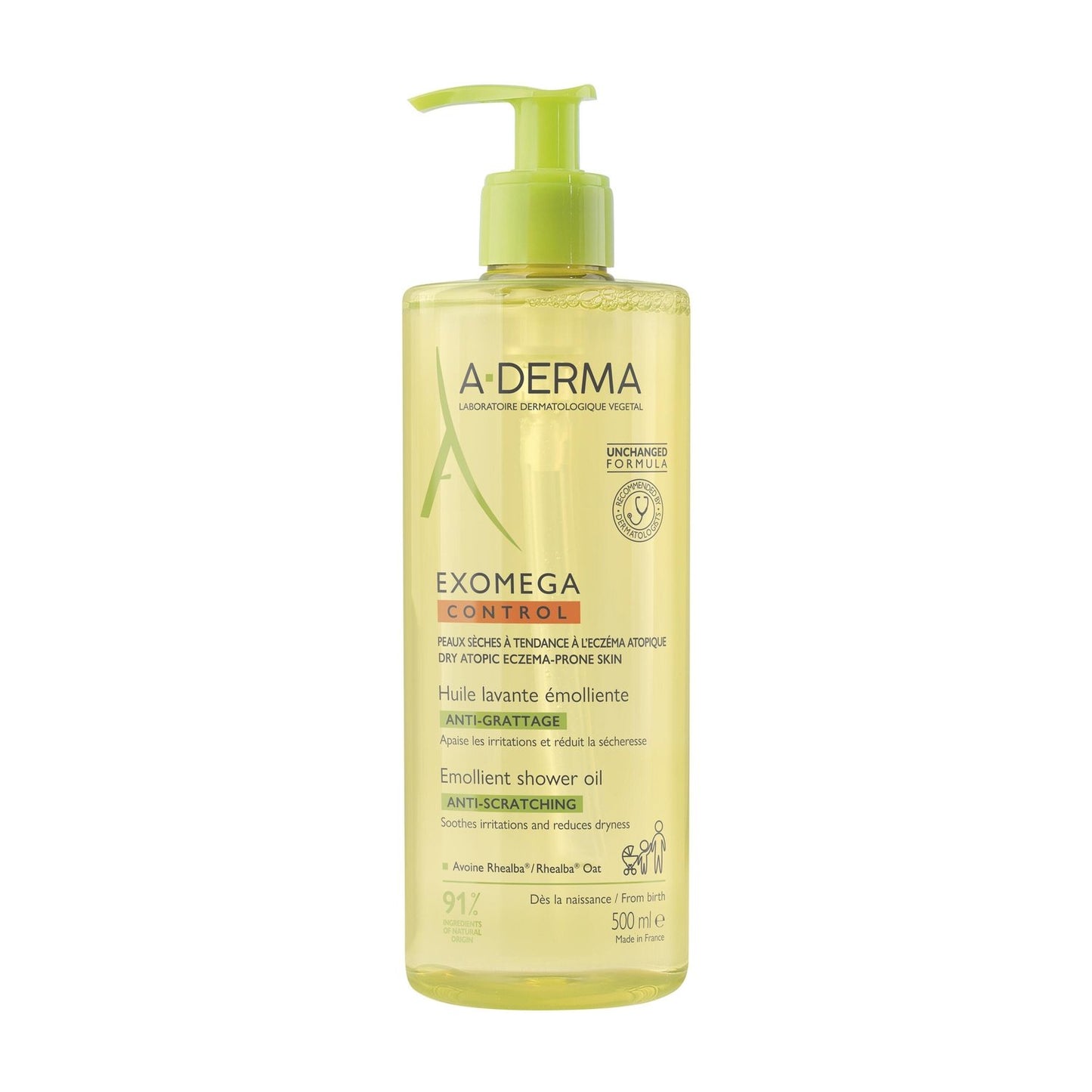 Huile de Douche Visage Corps Anti-Démangeaisons Peaux Fragiles Sèches à Tendance à l'Eczéma Atopique Apaisée A-DERMA le flacon de 500mL
