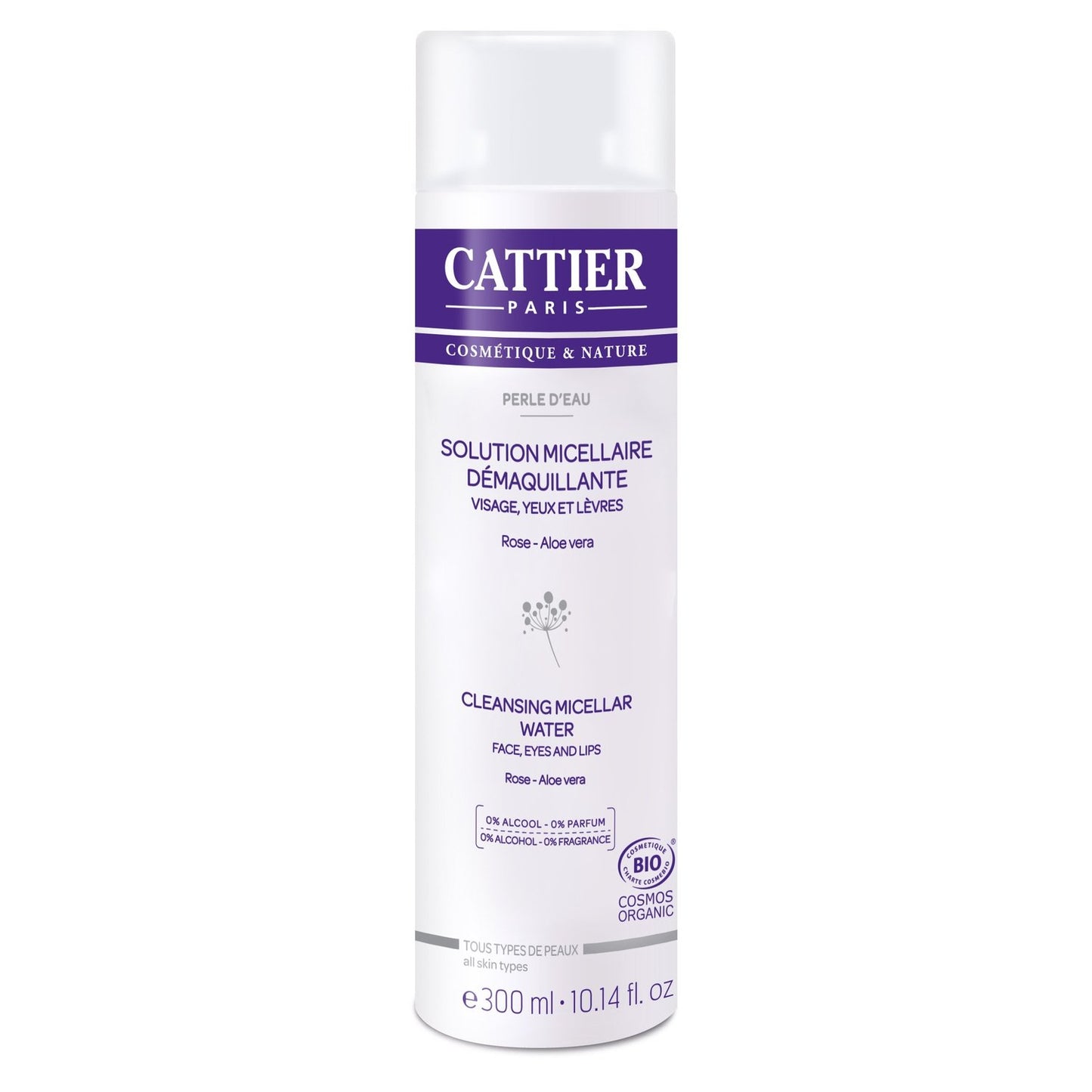 Eau Micellaire Visage Yeux Lèvres Peau Sensible Perle d'Eau Aloe Vera Bio CATTIER le flacon de 300mL
