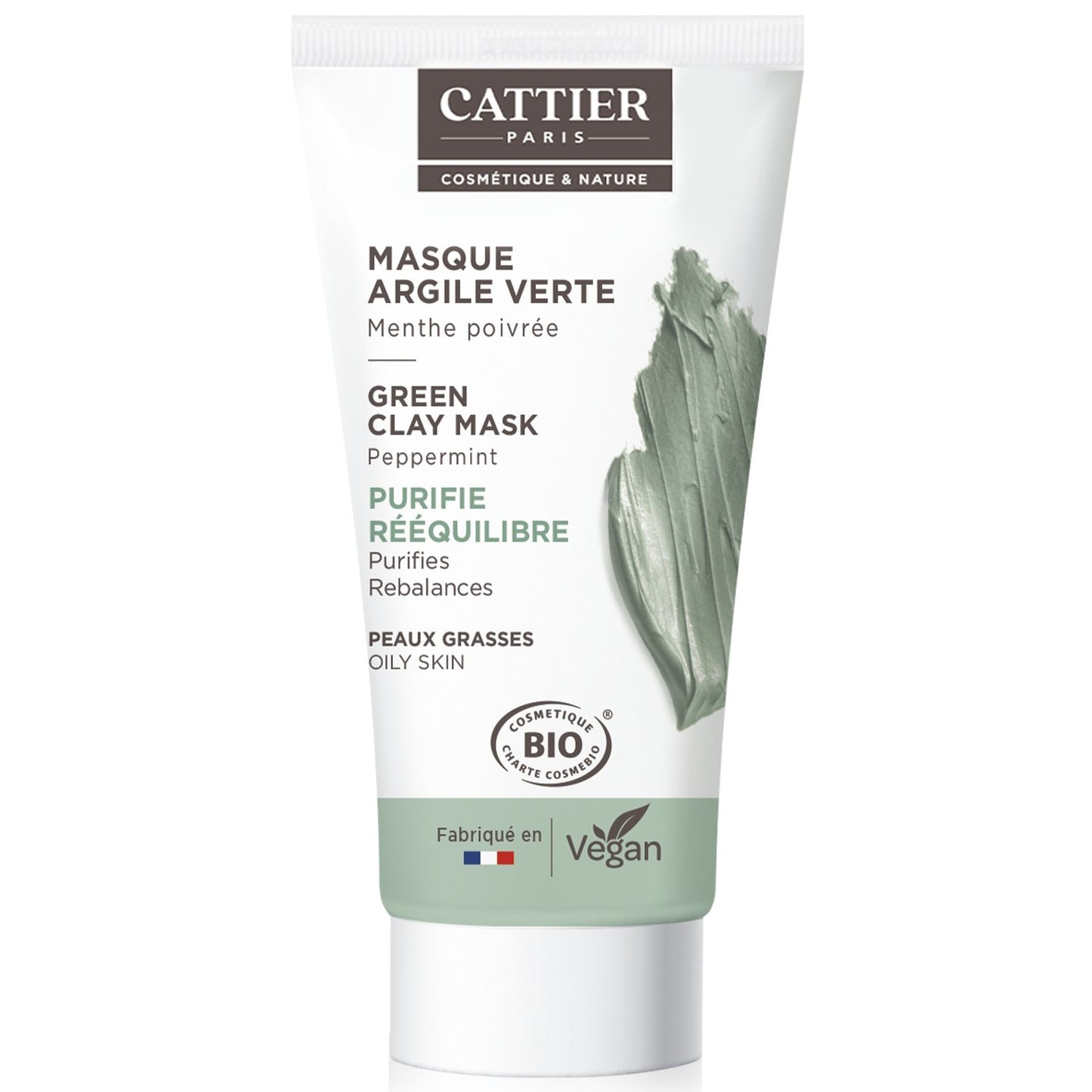 Masque Visage Peau Mixte à Grasse Purifiant Reminéralisant Argile Verte et Blanche Menthe Poivrée Bio CATTIER le tube de 30mL