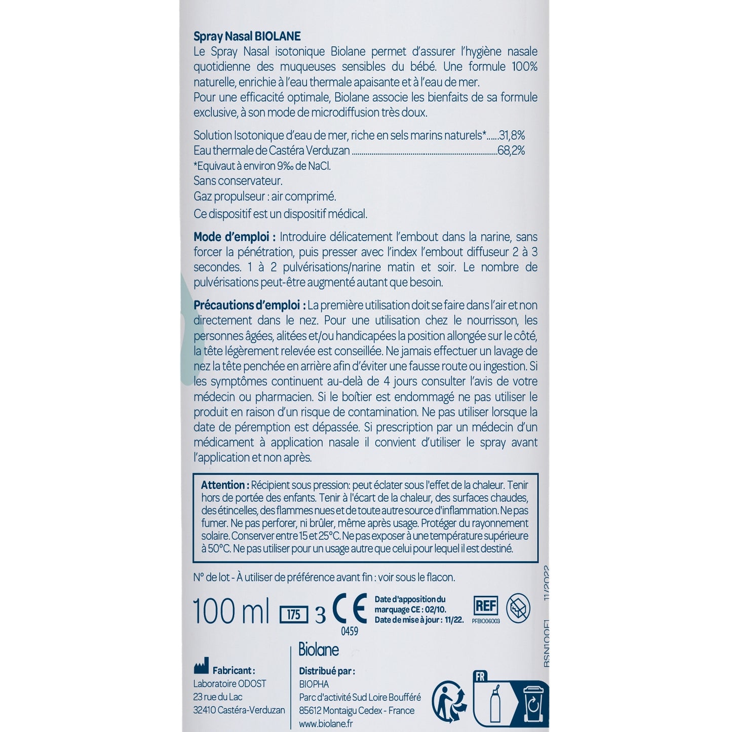 Spray Nasal Bébé A l'Eau Thermale et Eau de Mer BIOLANE