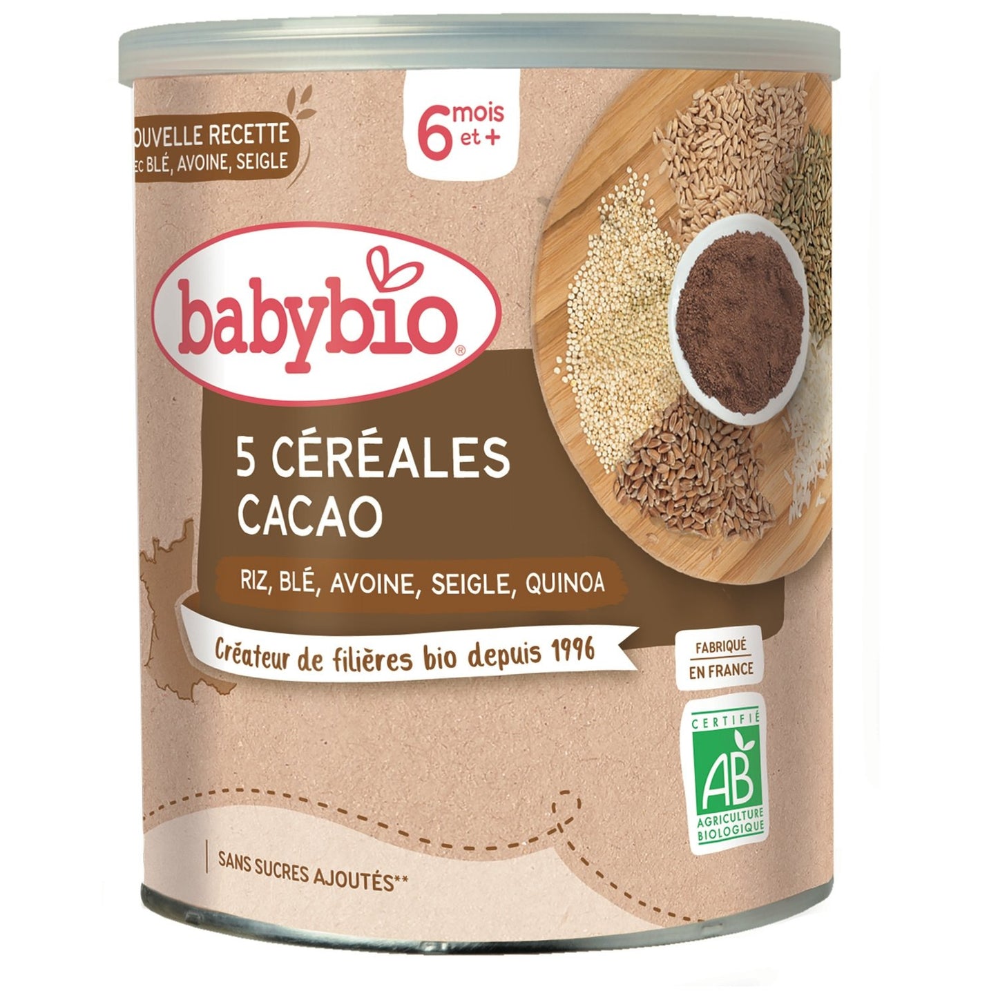 Cereais para Bebé a partir dos 6 Meses, 5 cereais com cacau biológico BABYBIO
