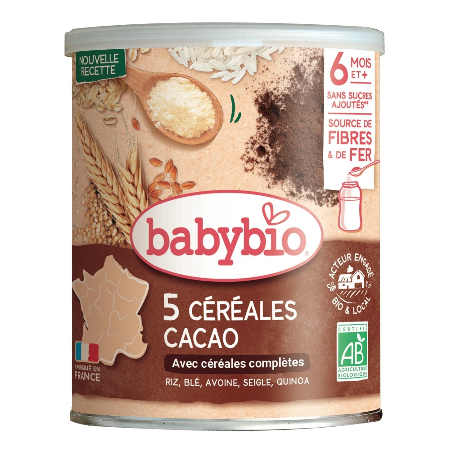 Céréales Bébé Dès 6 Mois 5 Céréales Cacao Bio BABYBIO la boite de 220 g