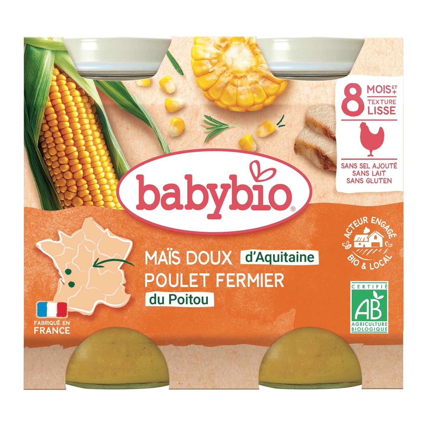 Plat Bébé Dès 8 Mois Maïs Poulet Menu du Jour Bio BABYBIO les 2 pots de 200 g