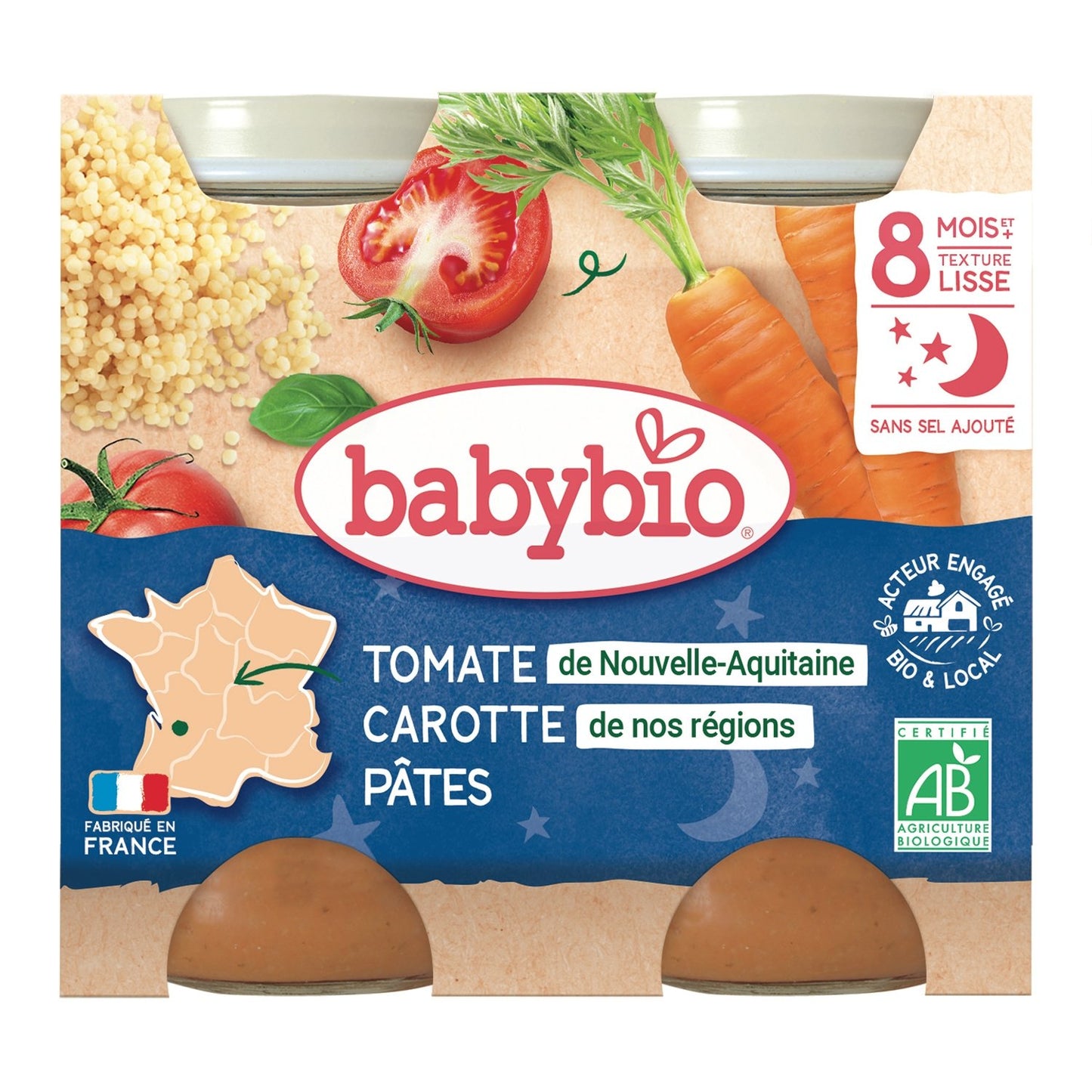 Plat Bébé du Soir Dès 8 Mois Carotte Tomate Pâtes Menu du Jour BABYBIO les 2 pots de 200 g